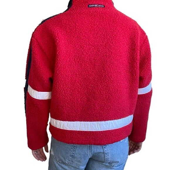 Vintage 90s Womens Tommy Hilfiger Red Retro Fleece Cropped Sweatshirt Sz L - Picture 8 of 10